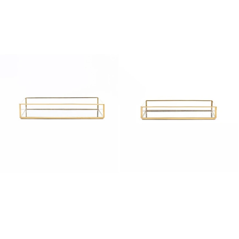 

2 Pcs Nordic Retro Storage Tray Gold Rectangle Glass Makeup Organizer Tray Dessert Plate Jewelry Display Home Kitchen Decor,(S)