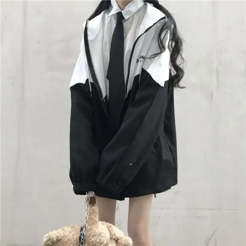 HOUZHOU Harajuku Fashion Zipper Hooded Jacket Women Oversized Varsity Jackets Japanese Female College Coats Korean Streetwear