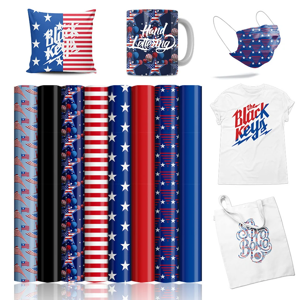 

American Flag Heat Transfer Vinyl Patriotic Navy Blue White Stars Independence Day Iron On Vinyl for Cricut & Silhouette MQ-1