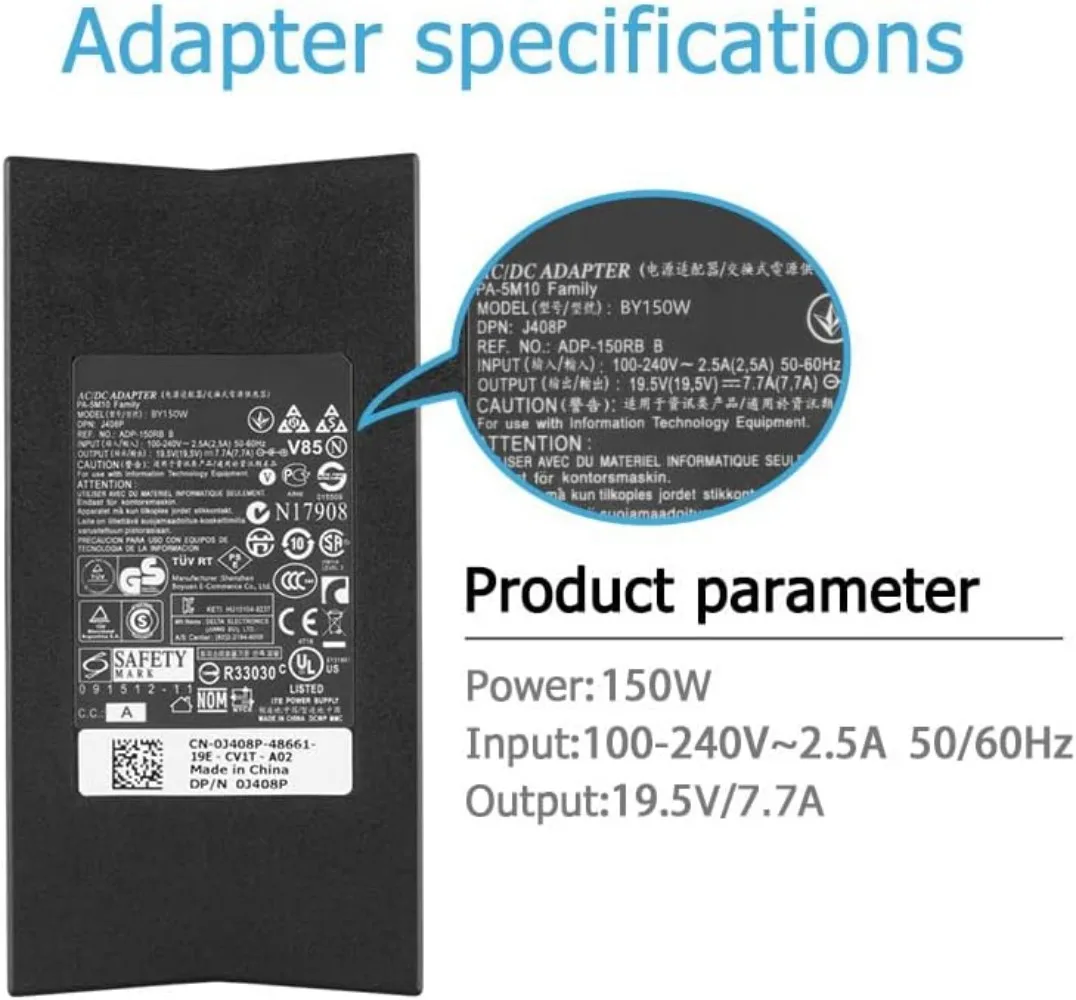 19.5V 7.7A 150W AC 충전기 어댑터, Dell DA150PM100-00 Alienware M14X R2 P18G P18G002 Alienware 14 R1 XPS 17 호환