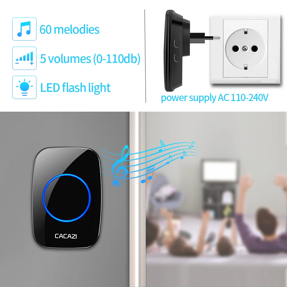 Smart Waterproof Wireless Doorbell LED Light Touch Button Home Security 60 Chimes Door Call Bell US EU UK Plug 300M Range