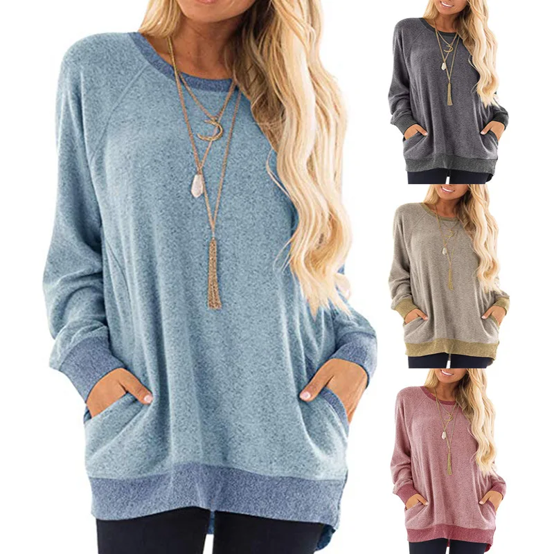 Women's Round Neck Contrasting Pocket Hoodie Long Sleeved Pullover Sports Shirt Casual T-shirt