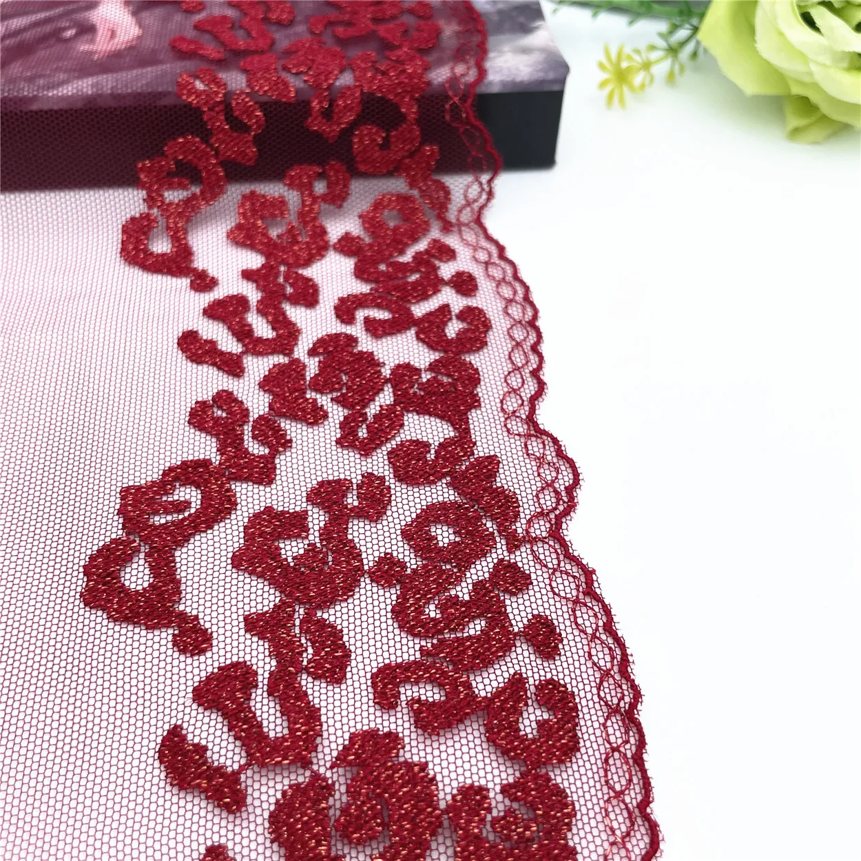 3y/lot Width 7 1/4 inch (18.50cm) Burgundy Shiny Golden Embroidery Lace Trim Clothing Sewing Craft DIY Apparel Fabric Lace 3