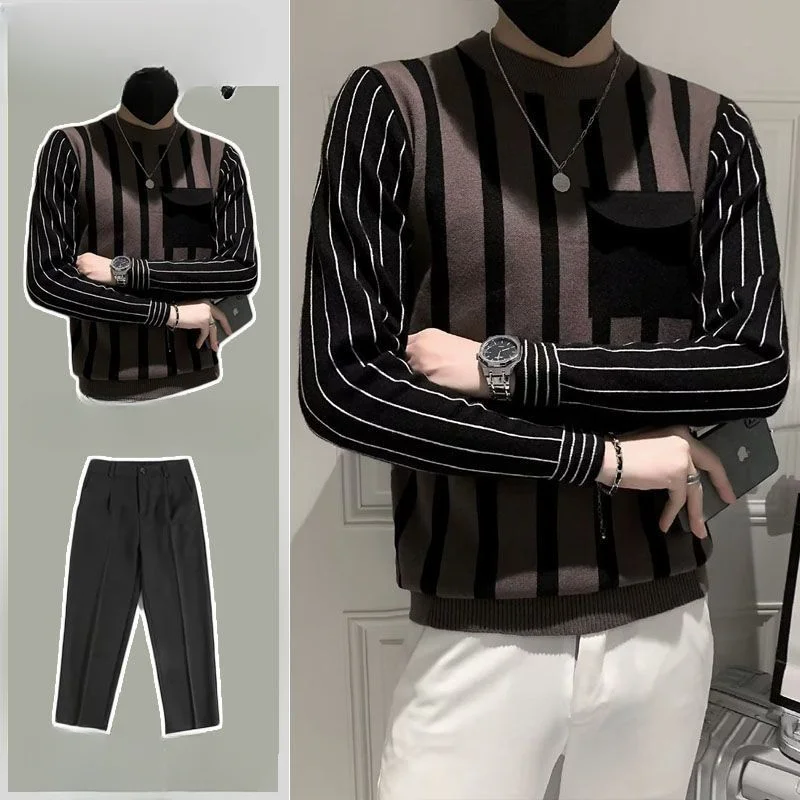 

2023 Autumn Winter Fashion Suit Men Casual Long Sleeve Knitted Tops Male High Waist Suit Pants Streetwear Men 2 Piece Sets P233