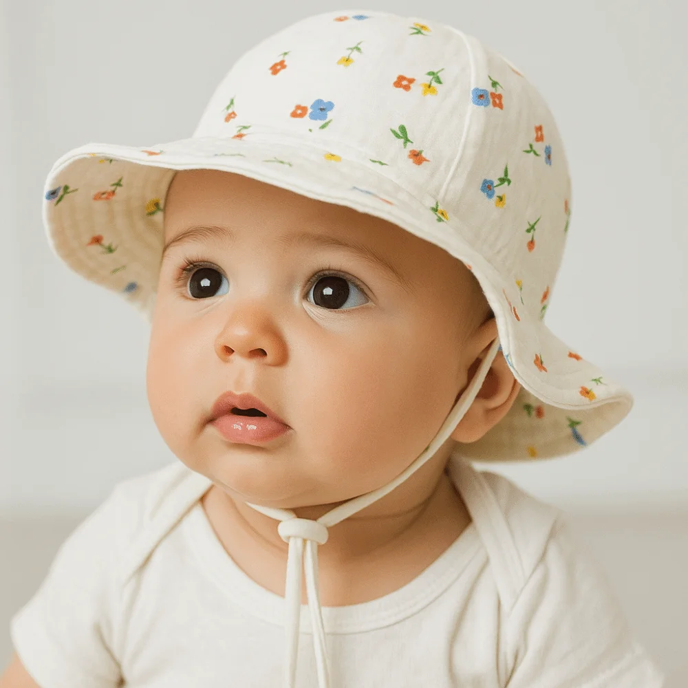 Comfortable Cotton Infant Bucket Hat Love Heart Wide Brim Kid Sunhat Flower with Strap Children's Fisherman Hat Kid