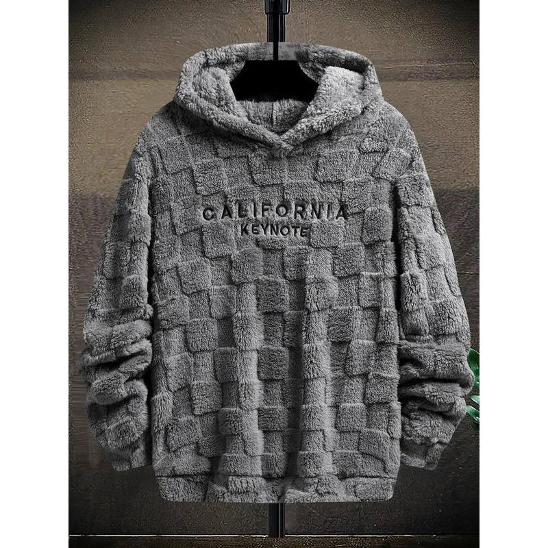 Men's Letter Embroidery Textured Drop Shoulder Fuzzy Hoodie, Regular Fit Casual Fashion Fall Streetwear Long Sleeve Hooded Sweat 6