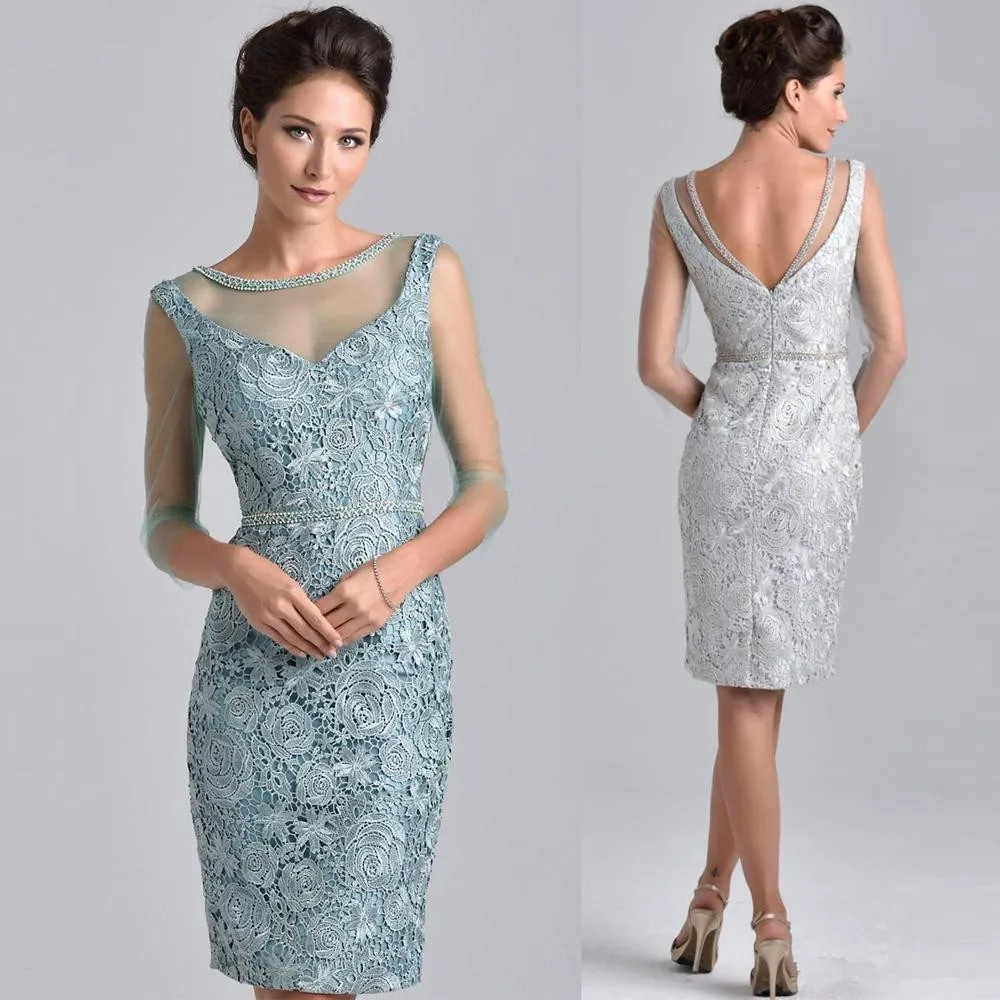 

2022 Mother of the Bride Dresses Sheath Knee Length Lace Beaded Groom Short Wedding Party Dress Mother Dresses For Wedding