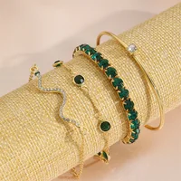 4Pcs/Set Fashion Snake Green Gemstone Bangle Rhinestone Full Metal Bracelet For Women Birthday Party Christmas Gift Jewerly 4