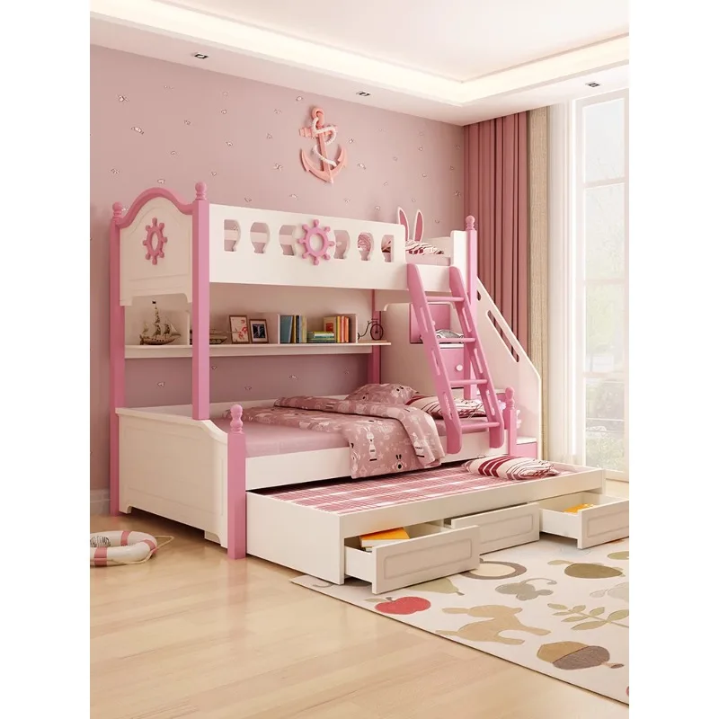 High and low bed Children's bed Children's bunk Small apartment Mother and child Interlaced two-layer blue pink bunk