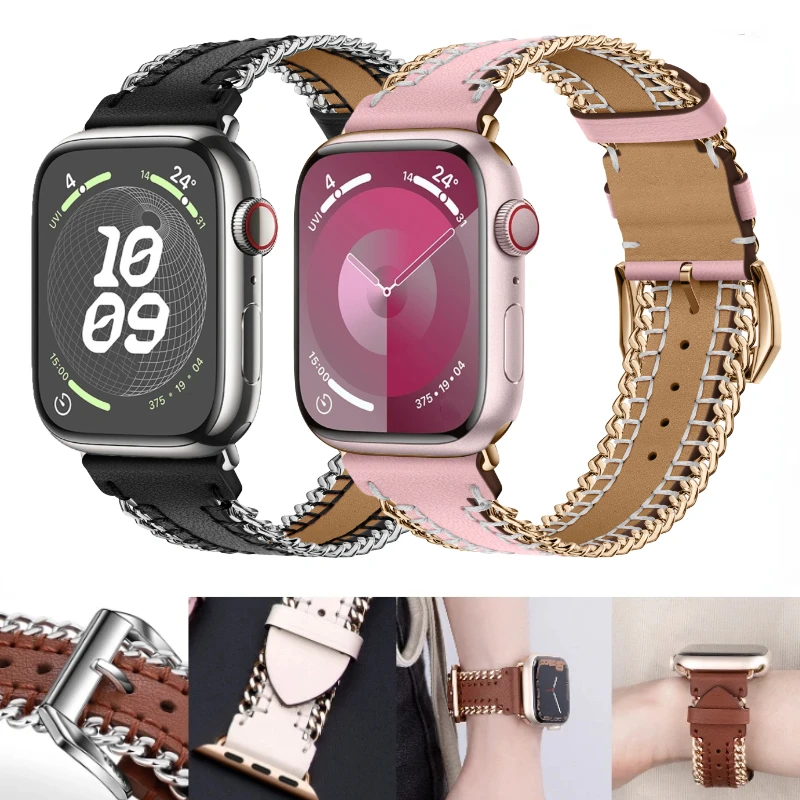 

Leather Strap for Apple Watch Band Ultra 2 49mm Hand Sewn Chain Bracelet Band IWatch 9 8 7 6 5 4 3 SE 45mm 44mm 42mm 41mm 40mm