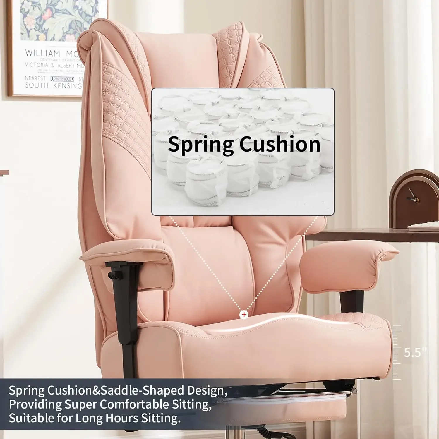 Back Executive Office Chair with Foot Rest, Ergonomic Office Chair Lumbar Support for Lower Back Pain Relief (Light Pink) 4