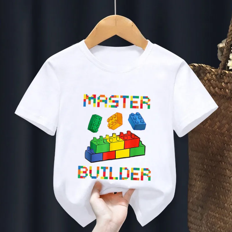 Master Builder Blocks Building Print Cartoon Kids T shirt Girls Summer Tops Baby Boys Clothes Children Short Sleeve T-shirts 2