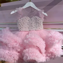 Luxurious Feather Pearl Flower Girl Dresses Baby Ball Gown Birthday Party Dress for Girls Tulle Layers Glitter Kids Pageant Gown