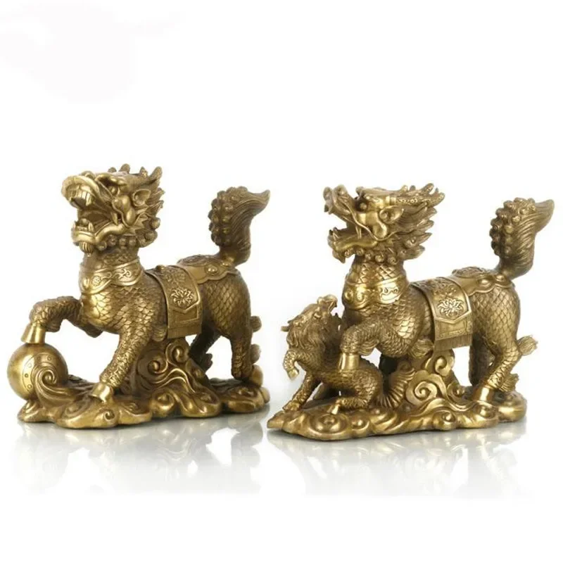 

a pair of Chinese Bronze Brass Fengshui Kylin Pixiu Animal fengshui Statue home decorations metal handicraft