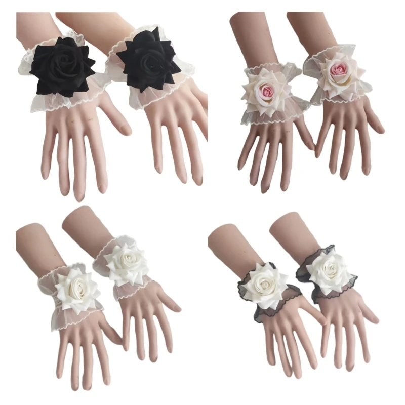 

Womens Sheer Floral Lace Wrist Gloves Elastic Lace Ruched Bracelet Cuff Y2K Bridal Bracelet Cuffs for Wedding Party