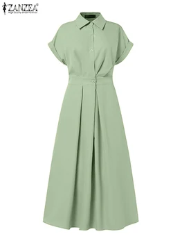 Women Summer OL Work Dress ZANZEA Elegant Short Sleeve Office Sundress Casual Solid A Line Buttons Holiday Vestidos Kaftan Robe 4