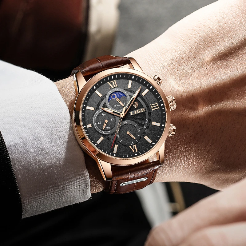 LIGE New Genuine Leather Watch for Men Fashion Business Watch Men Top Brand Luxury Military Waterproof Men's Quartz Wristwatches
