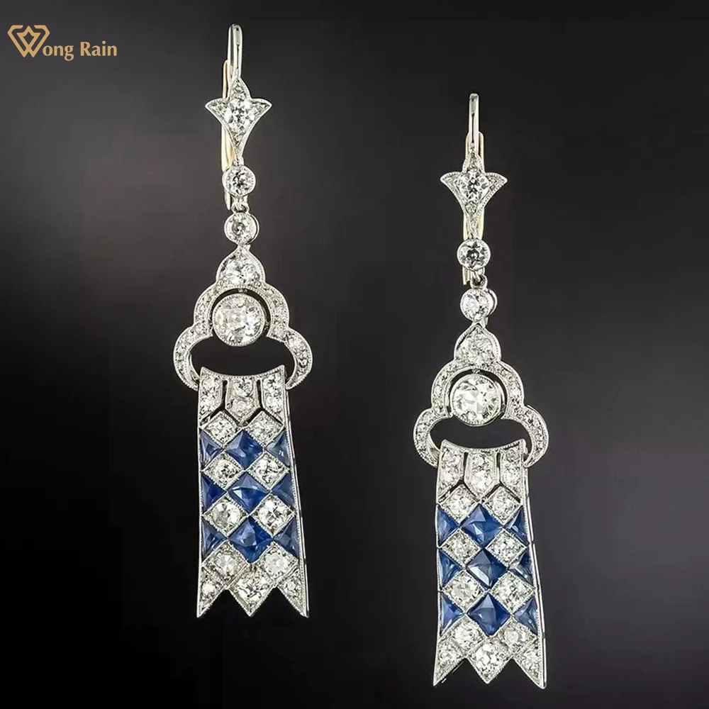 

Wong Rain Elegant 100% 925 Sterling Silver Lab Sapphire High Carbon Diamond Gemstone Drop Earrings Anniversary Gift Fine Jewelry