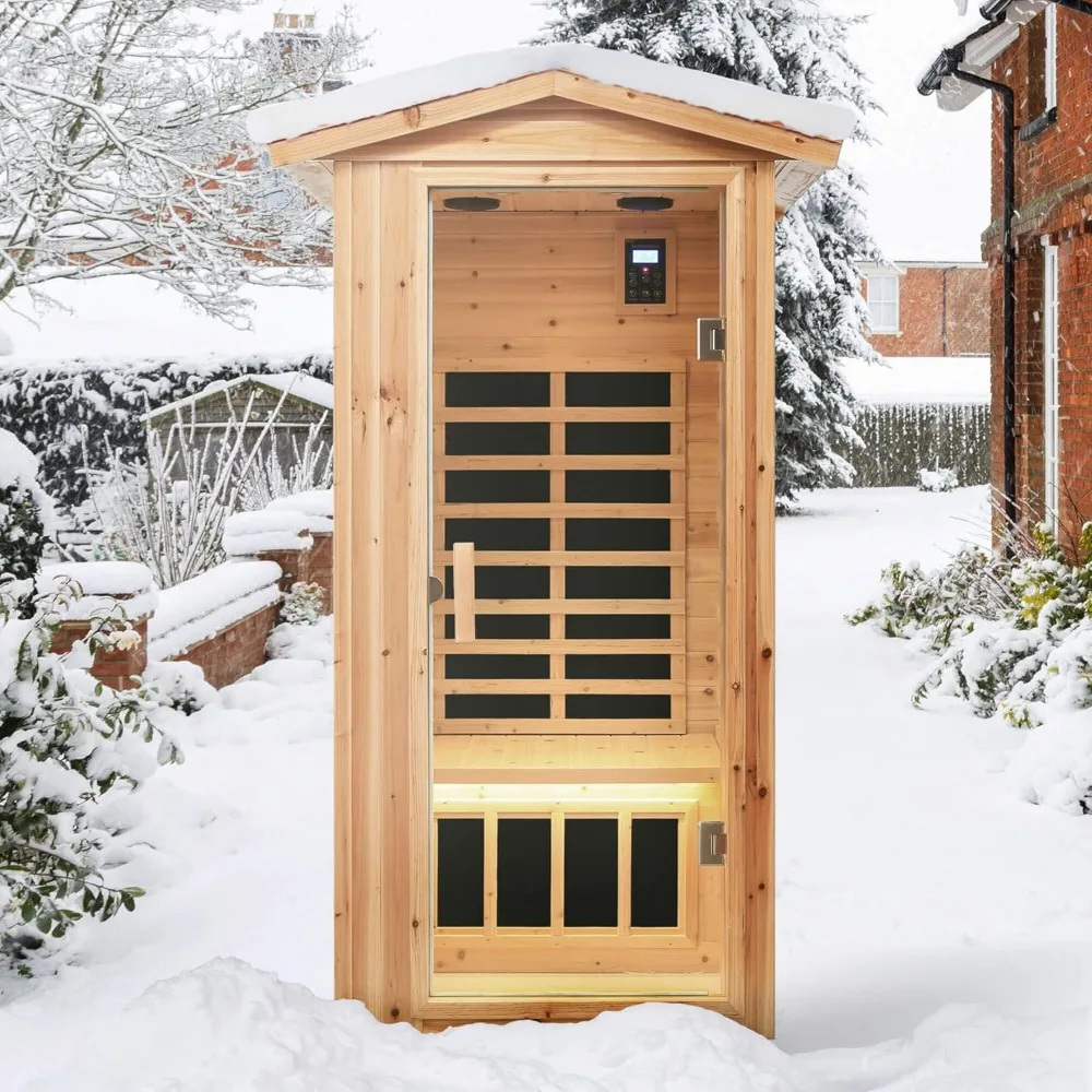 Far Infrared Wooden Outdoor Sauna, 1-Person Size, w/1560W, 6 Low EMF Heaters, 10 Minutes Pre-Warm up, Time and Temp Pre-Set 2