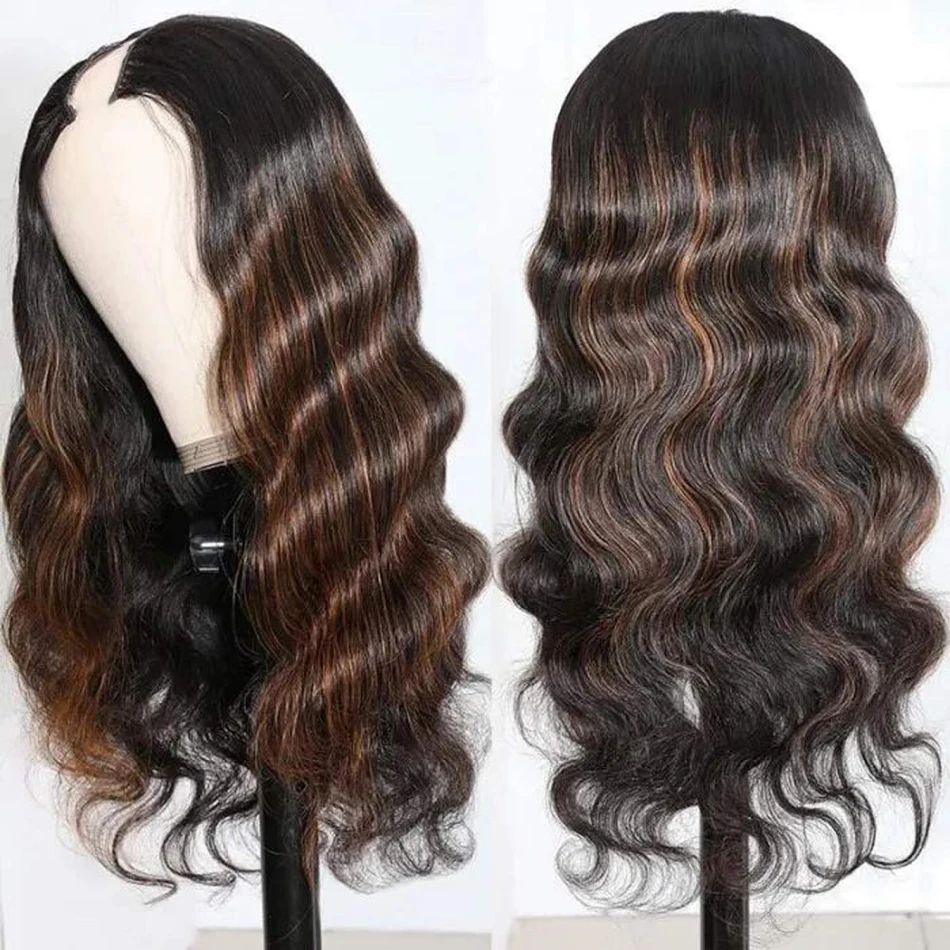 Highlight V Part Wig Body Wave Human Hair Wigs P1B30 Glueless Brazilian Wigs 250 Density Machine Made V Shape Wigs 30 36 Inch