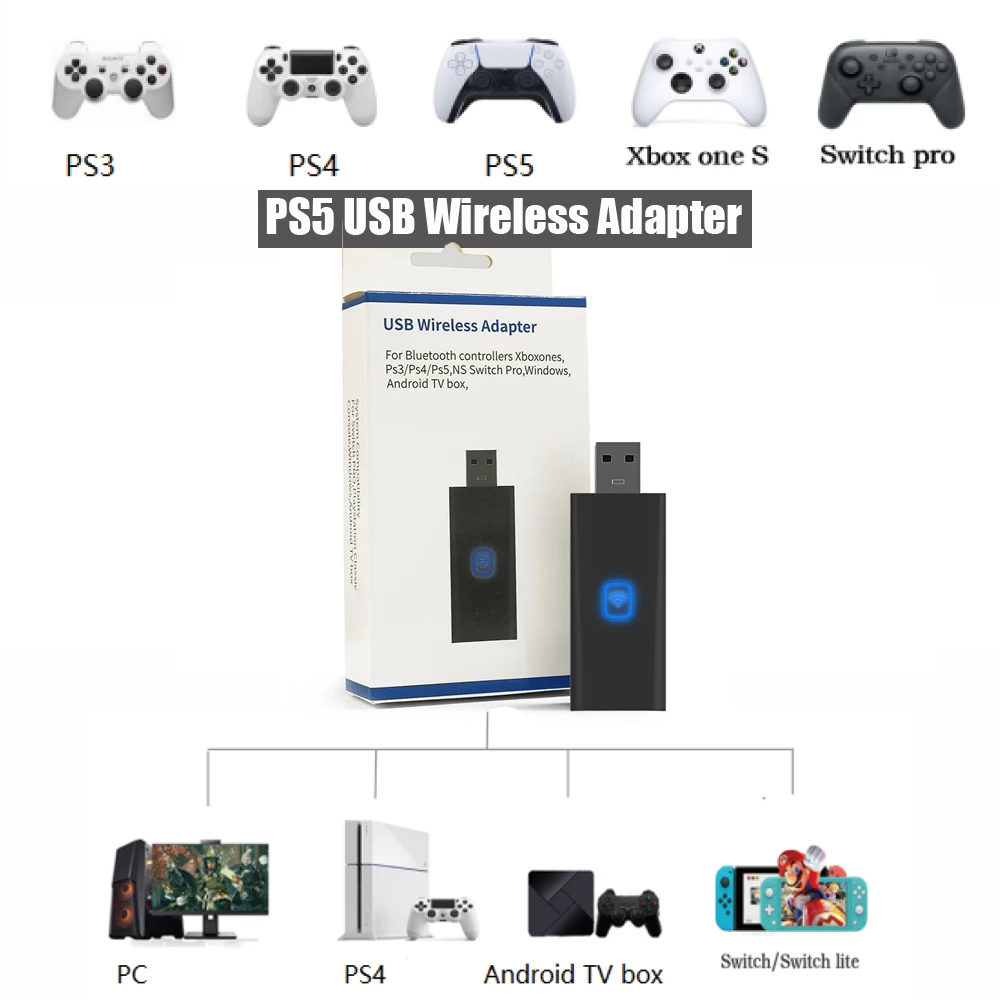 USB Wireless Bluetooth Adapter for PS5/PS4/PS3/Switch/Switch OLED Windows  PC Xbox one S Controller