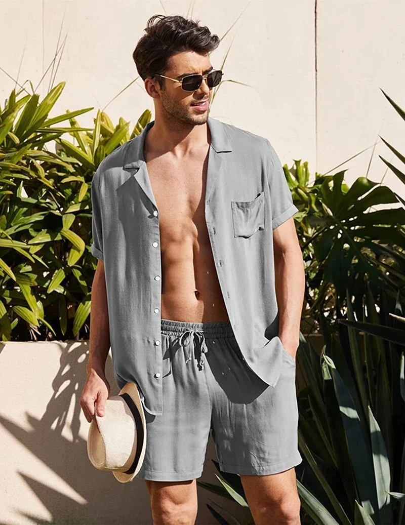 New Summer Men's Short Sleeve Shirt Shorts Suit Solid Color Leisure Lapel Button Shirt Suit Beach Holiday Party Cardigan Shirt