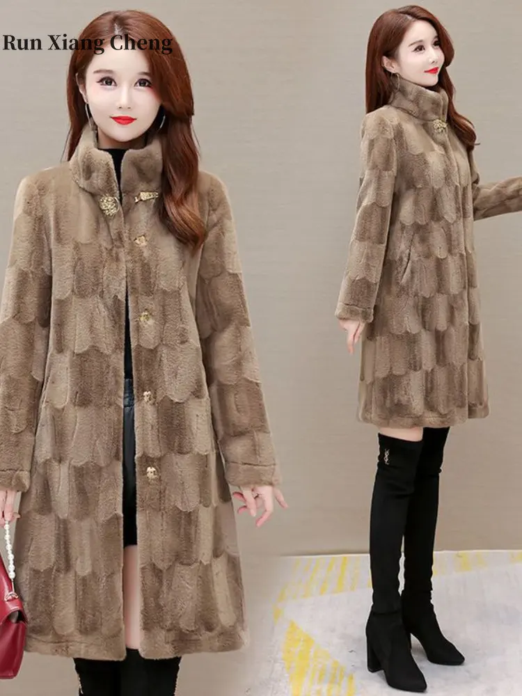 2023 Free Shipping High-End Long Style Denmark Mink Fur and Faux Fur Coat for Women Warm and Thick Mom's Winter Jacket