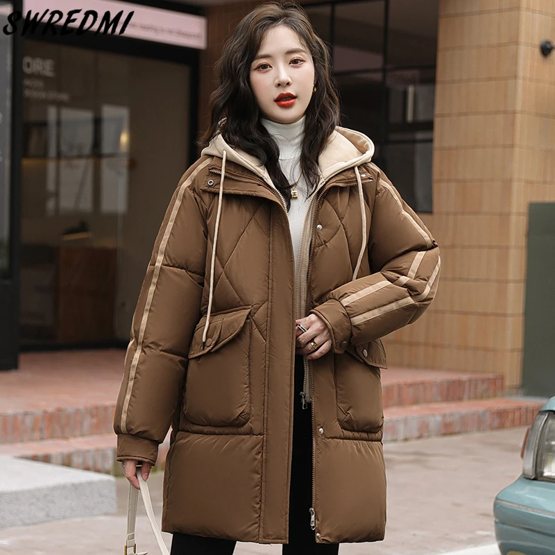 

SWREDMI New Loose Long Coats Winter Woman Snow Wear Clothing Hooded Thicken Warm Jackets Outwear High Street Snow Wear Parka