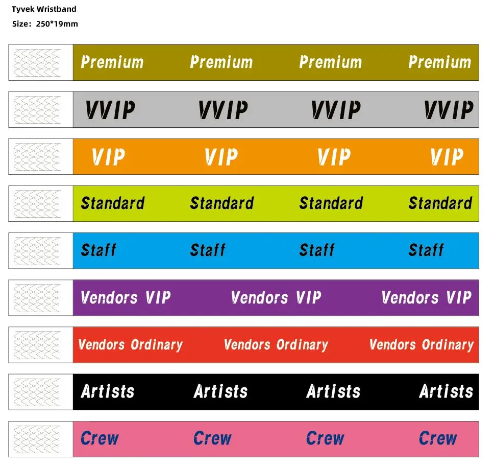 100pcs Bracelet charms Vvip Vendor Staff Standards Preminus Tickets Tyvek Wristband For Events Admission,non-custom