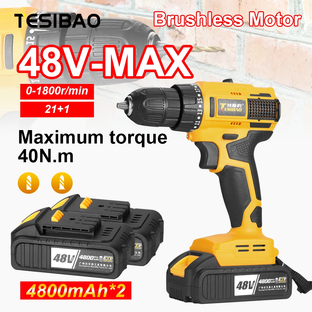 48V-Max Brushless Cordless Drill Driver with 2 Li-ion Battery Power Tools Wireless Electric Screwdriver Machine by Tesibao 3 6v usb wireless electric screwdriver multifunctional mini rechargeable lithium battery screwdriver with electric drill bit set