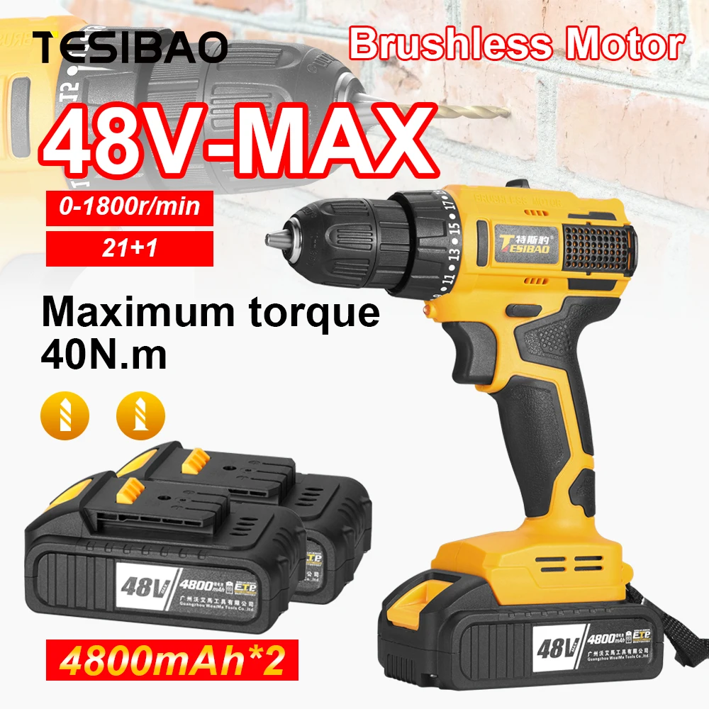 48VMaxBrushlessCordlessDrillDriverwith2LiionBatteryPower