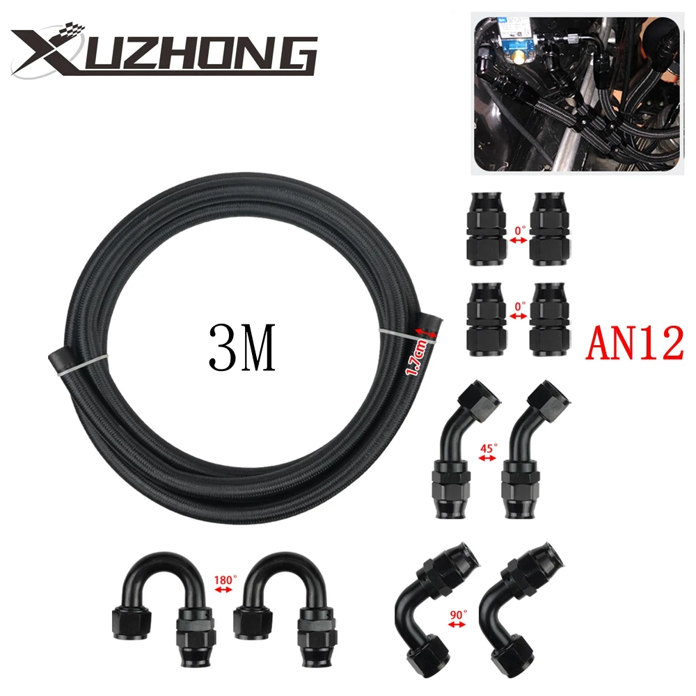 

10Pc Universal 3M AN12 PTFE Nylon Braided Fuel Hose End 0+45+90+180 Degree Fuel Hose Fitting Adapter Kit Black