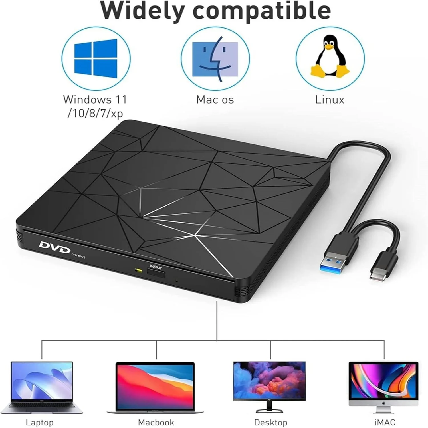 DVD Drive External Portable USB 3.0/Type-C CD Burner Mute Design +/-RW Optical Reader for Laptop Desktop