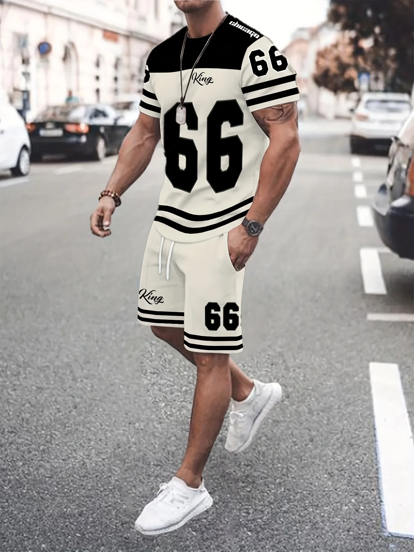 Men's set No. 66 letter print T-shirt and short. - 04
