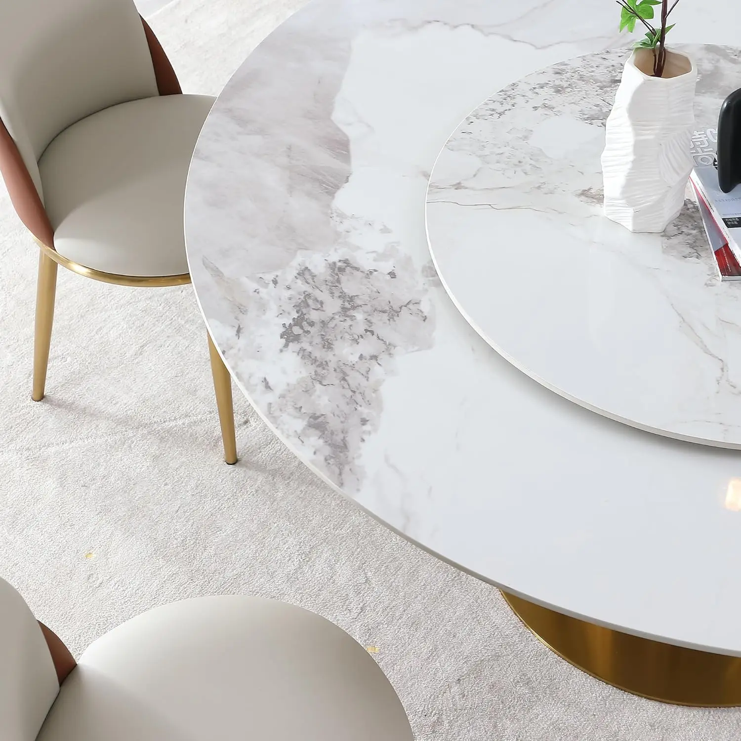 Dining Table Set for 4, Gold Stainless Steel Base & 4 PU Leather Dining Chairs, Kitchen Table Set for Dinner or Living Room