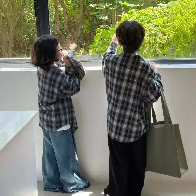 Autumn sibling clothes Korean style Boys and girls Flocking plaid shirts Children's casual all-match loose long sleeve Tops