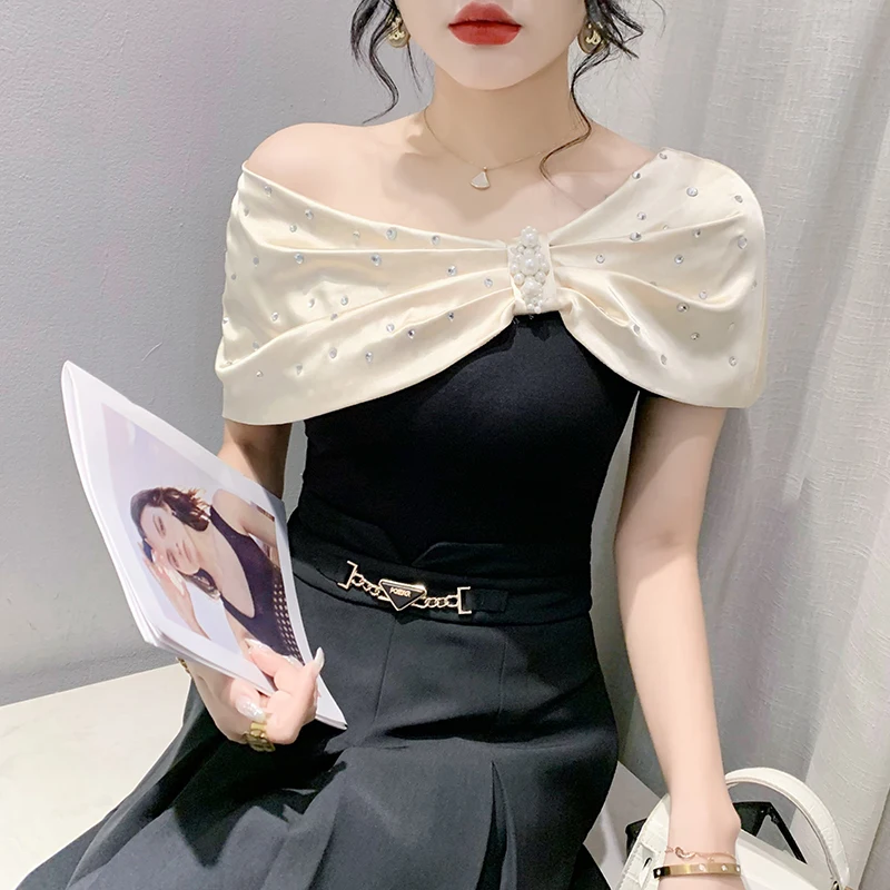 

2023 летняя рубашка с бриллиантами, футболка с коротким рукавом в стиле пэчворк, корейские модные повседневные топы с воротником-лодочкой