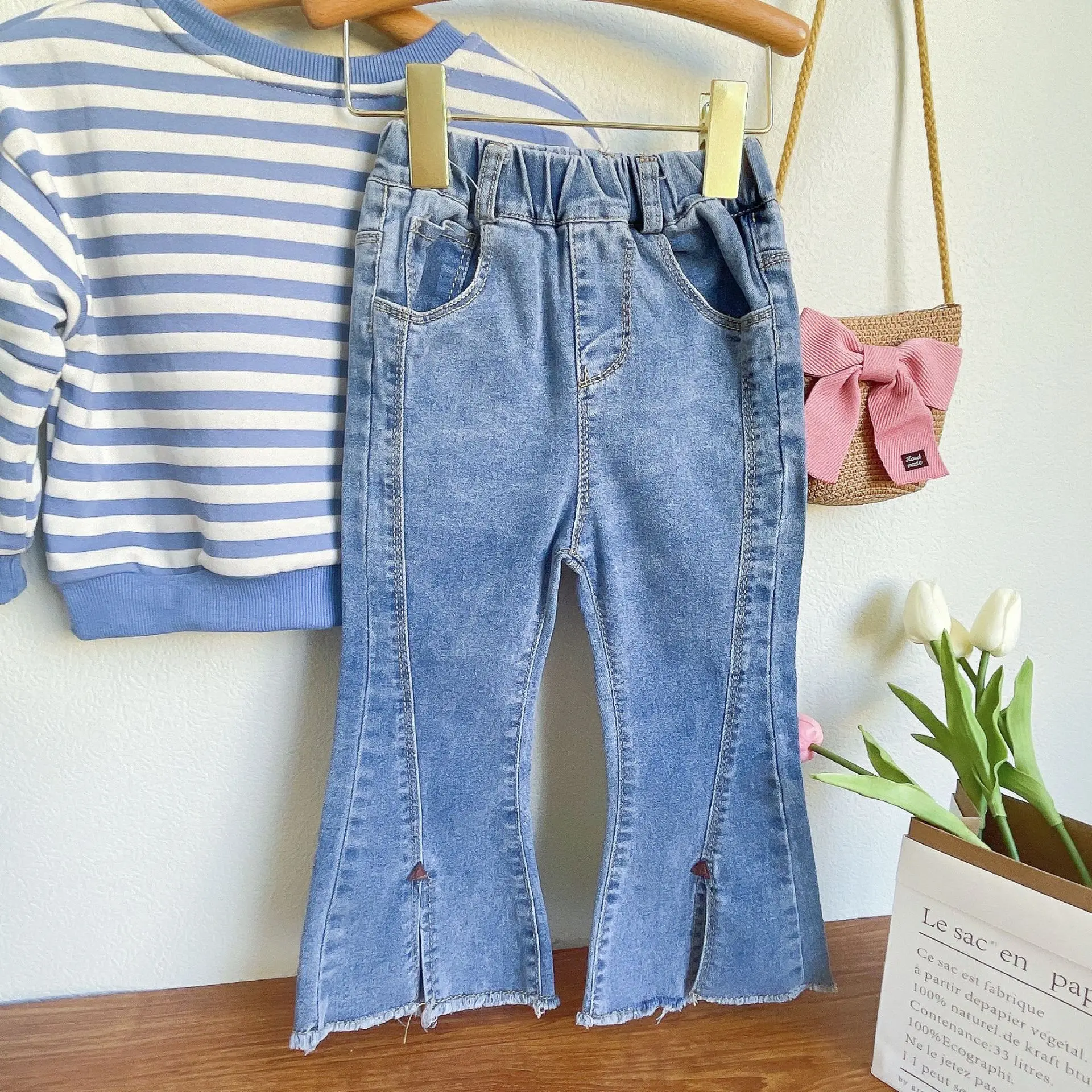 meninas conjuntos de roupas da moda coreana roupas listradas moletom jeans queimado pçs para crianças meninas primavera outono terno roupas