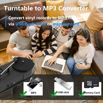 Portable Phonograph 33/45RPM Turntable Player Converter Save Vinyl Music Records to MP3 TF Card/USB Built in Speaker No Need PC 4