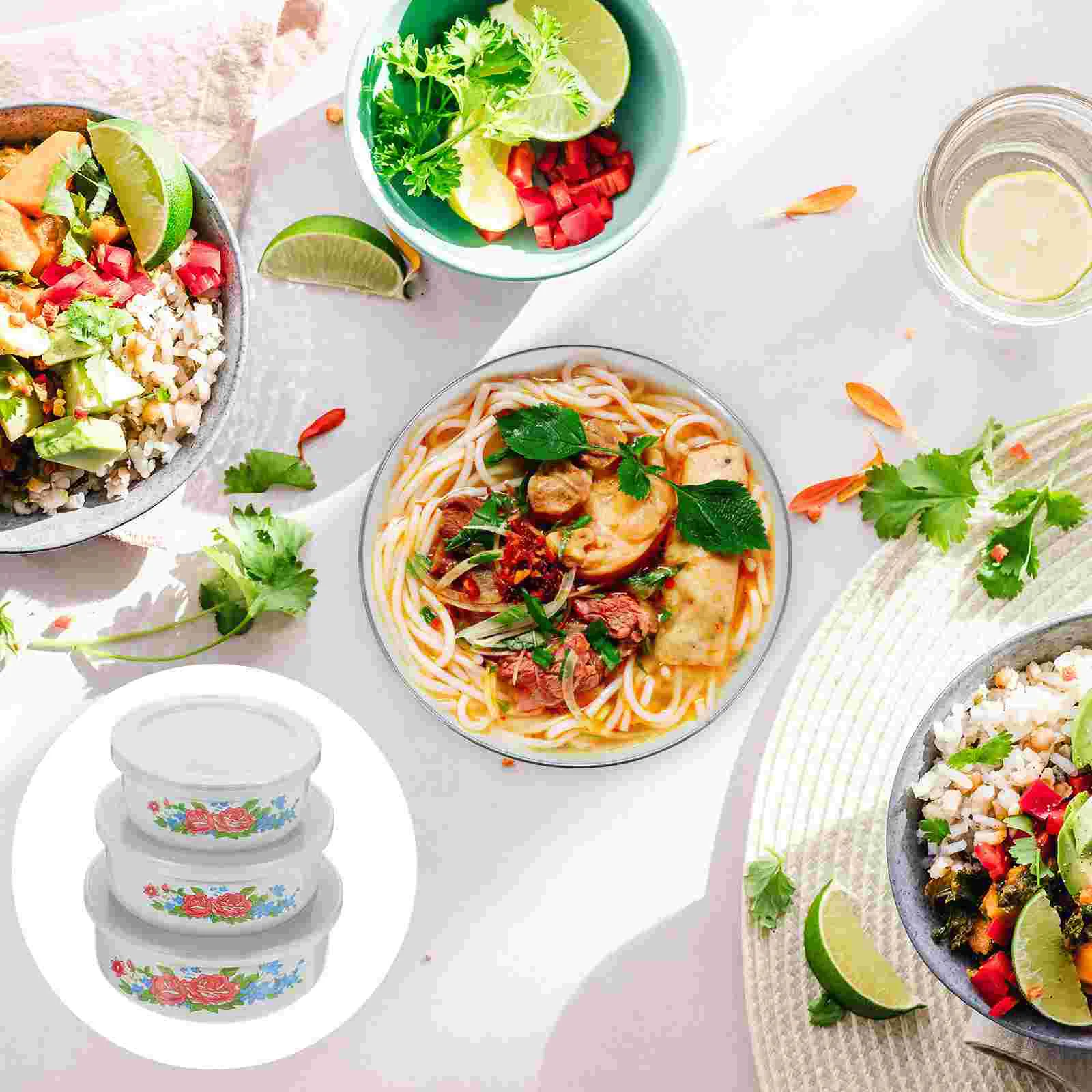 

Enamel Bowl With Lid 3Pcs Fruit Cereal Ice Cream Salads Prepared Bowl Metal Prep Baby Bowls Sugar Candy Nesting Food