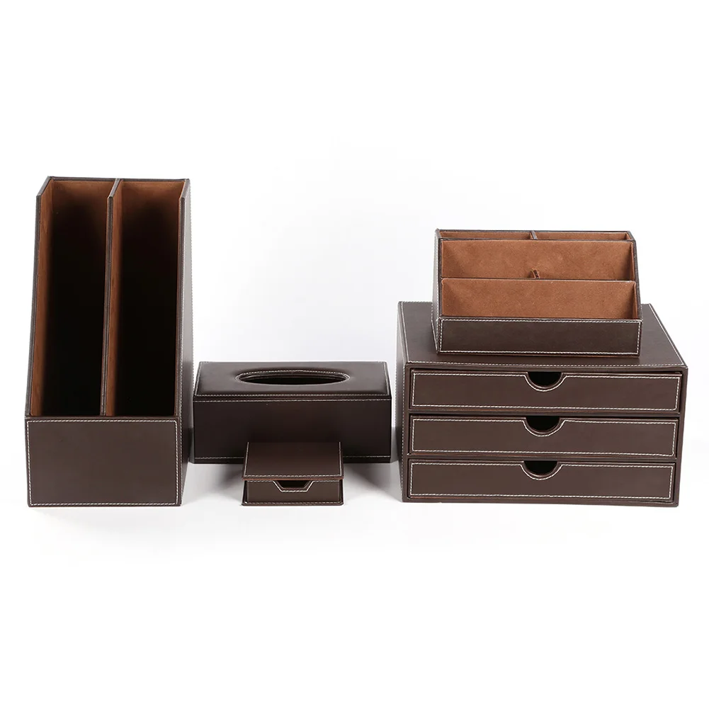 Office Assessories Desk Set Modern PU Leather Stationery Storage Drawer Box Pen Holder File Rack Magazine Organizer Tissue Case