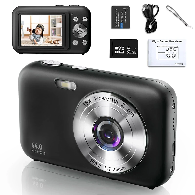 HD 1080P 디지털 카메라, 2.4 인치 충전식 카메라, 16x 줌 컴팩트 카메라, 44MP 카메라, 어린이 소녀 카메라 디지트