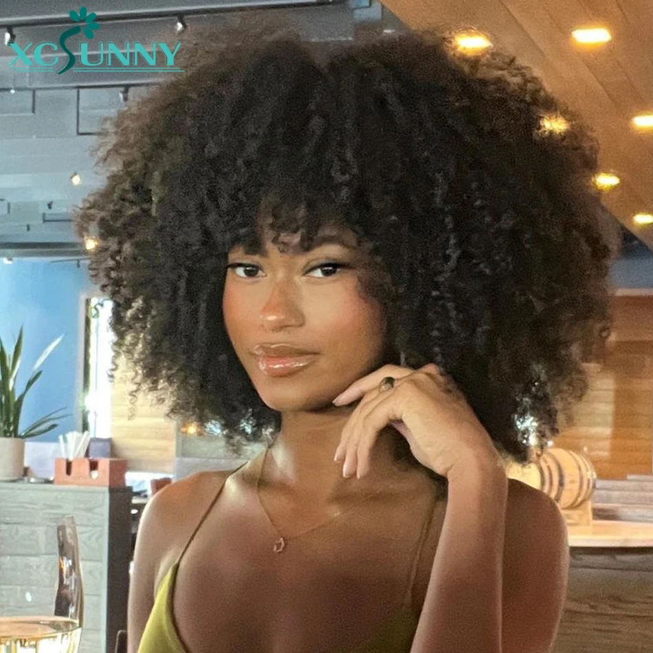 Short Curly Wig With Bangs Human Hair Afro Kinky Curly Wig Full Machine