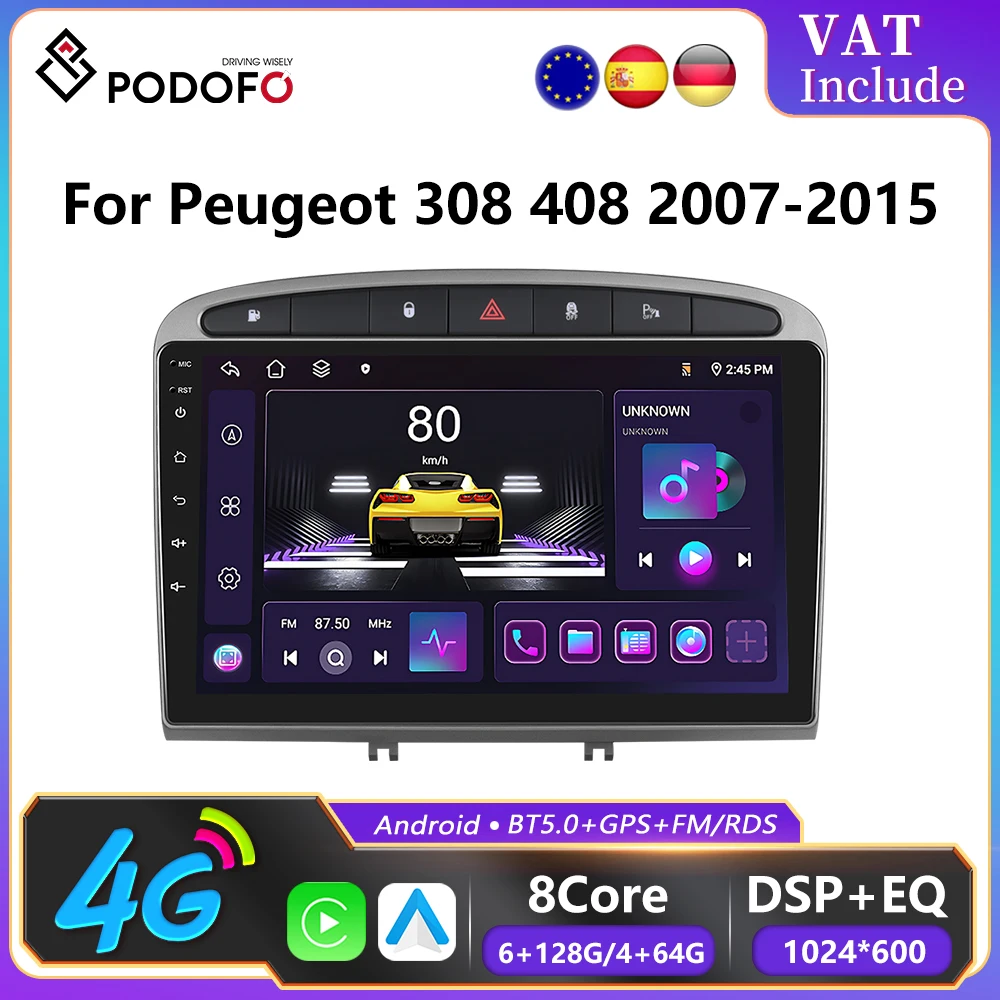 Podofo 6+128G CarPlay Android Auto 2 Din Car Radio for Peugeot Multimedia Video Player GPS Stereo Head Unit