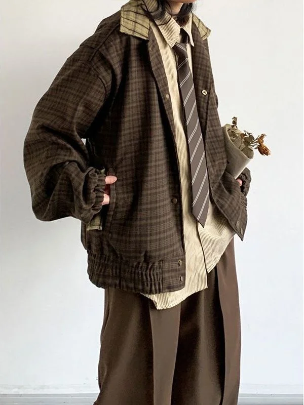 Early Autumn Plaid Jaet Men's Casual Loose Stitching Leisure Set Japanese Retro Sle Youth College Windbreaker Coat