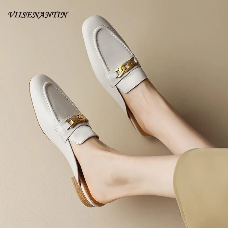 

2024 Spring New Women's Half Slippers Round Toe Flats Mules Shoes Genuine Leather Solid Slip on Comfortable Casual Shoes Females