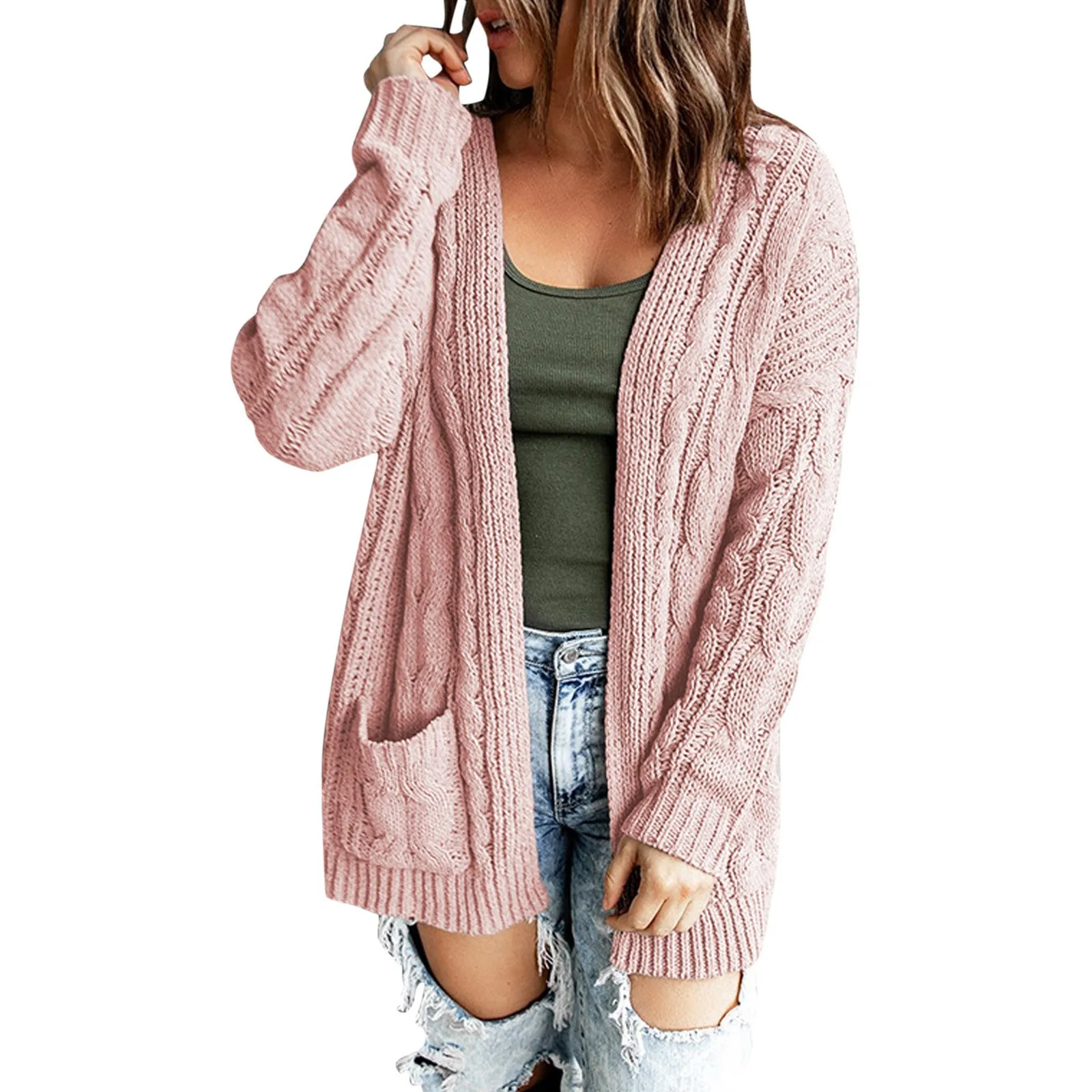 

Women's Knitted Cardigan Loose Solid Color Medium Long Knitted Cardigan Coat