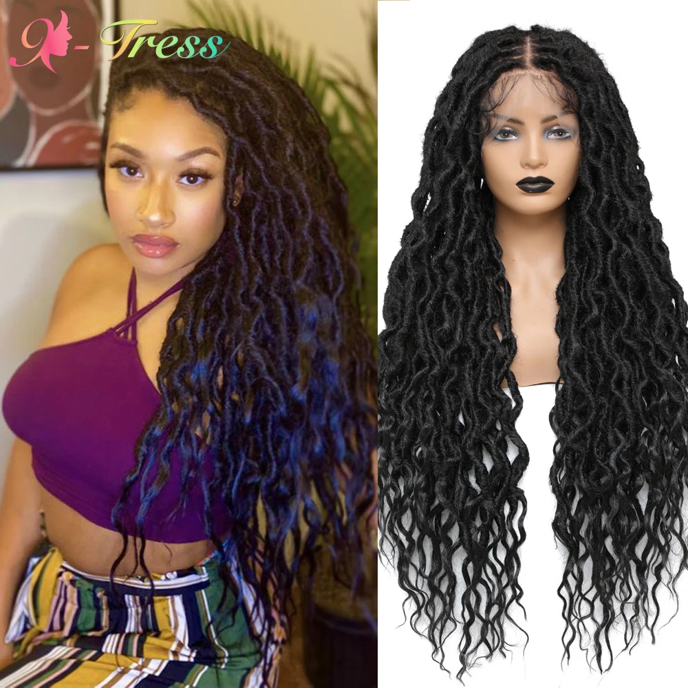 X-TRESS 32 Inch 13X4 Lace Front Wig Faux Locs Braided Wigs for Women Wavy New Goddess Locs Free Part Synthetic Braids Lace Hair