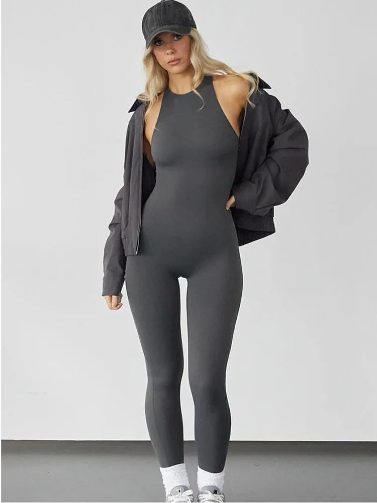 Sibybo High Elastic Sleeveless Spliced Jumpsuits Tight Fitting Solid Casual Integrated Yoga Exercise Pencil Pants Jumpsuit
