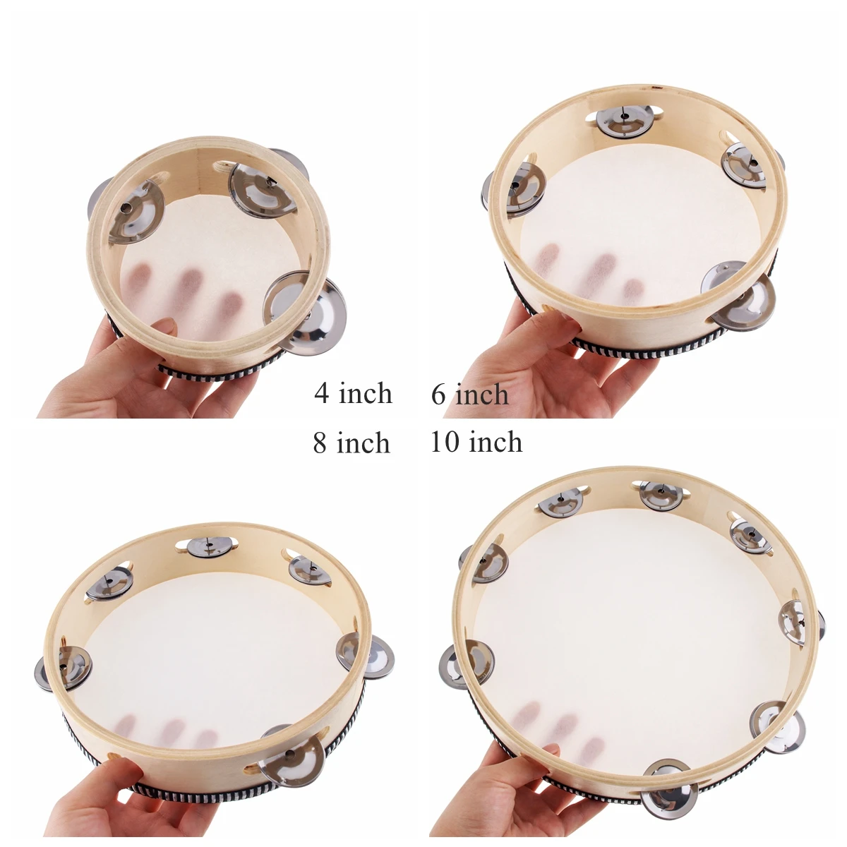 4 / 6 / 8 10 inch Hand Held Single Row Metal Jingles Wood Tambourine Musical Educational Rhythm Percussion Instrument Gifts